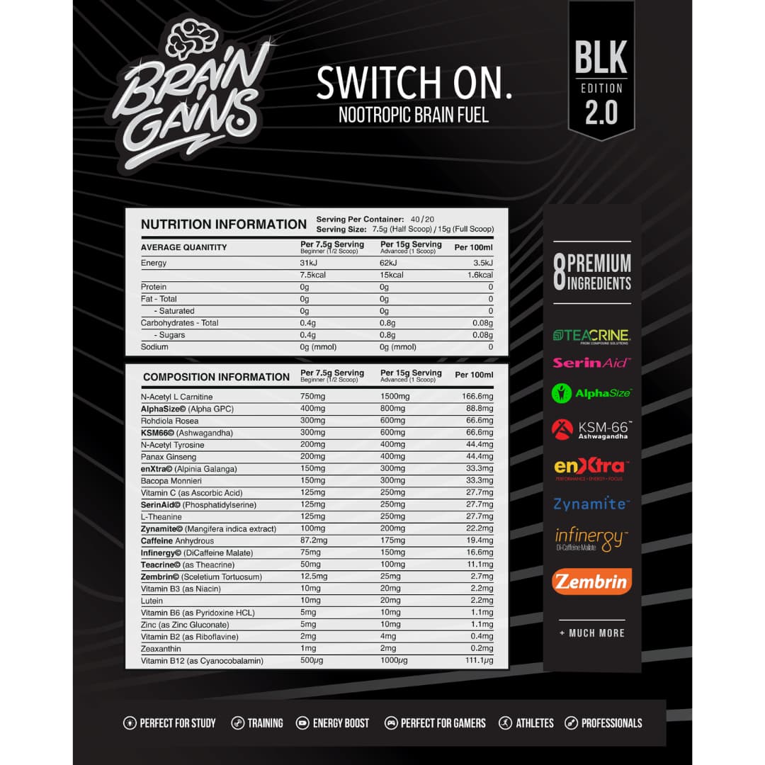 SWITCH ON Brain Gains BLK Edition 2.0 - Victorious Fitness Supplements Hervey Bay